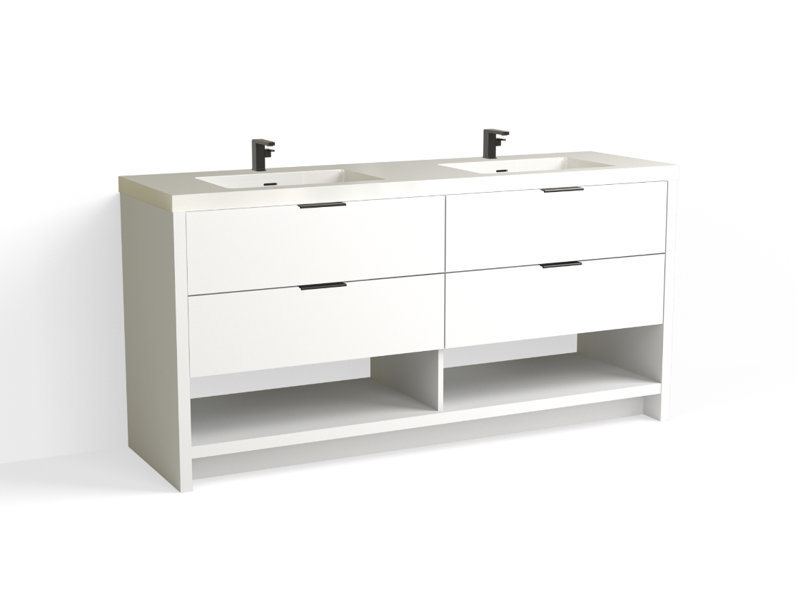 Vue 72" W Freestanding Double Bathroom Vanity, White Nanomatte, Matte Black, Glossy White/Single