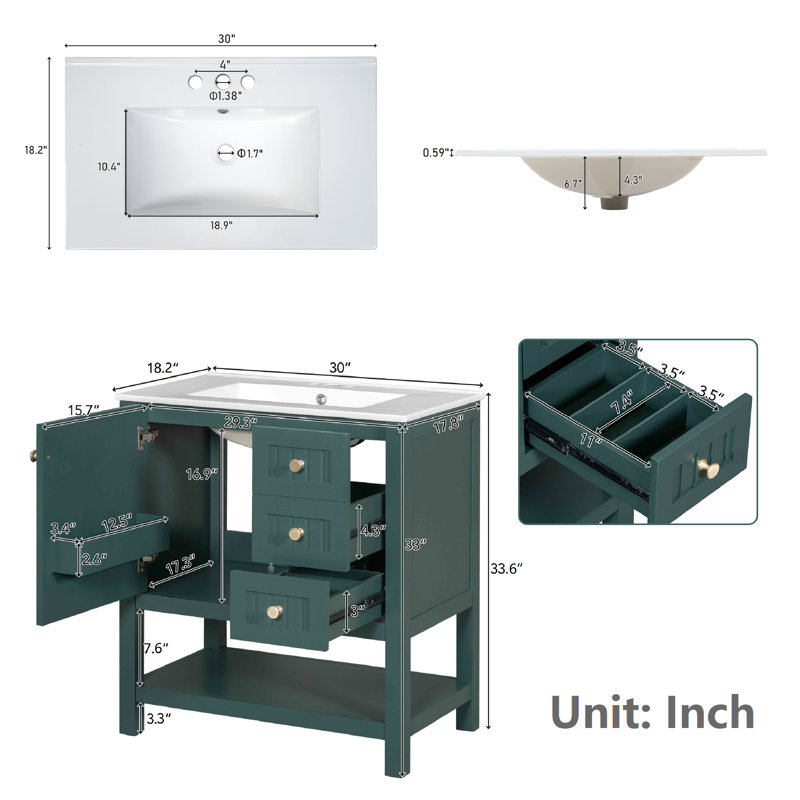 Meuble-lavabo 30 po avec plateau et tiroirs, Vert