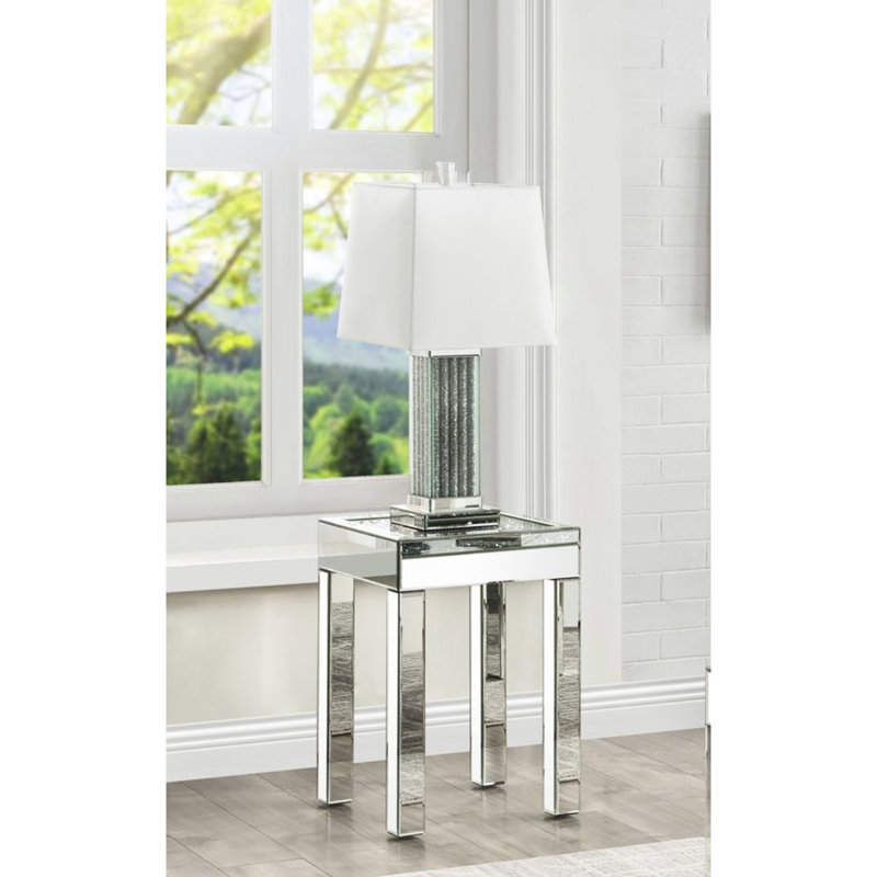 Table d'appoint miroir avec garnitures en faux diamants, plateau de 10 cm d'épaisseur, verre trempé, charge maximale de 18 kg, diamants argentés, surface en verre, base, capacité
