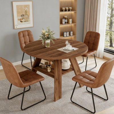 Clanton 43.2"-59.1" Extendable Round Dining Table Set, Mid Century Wooden Round Kitchen Table, Gray Coffee Table For 8 Person,Pu Leather Chair