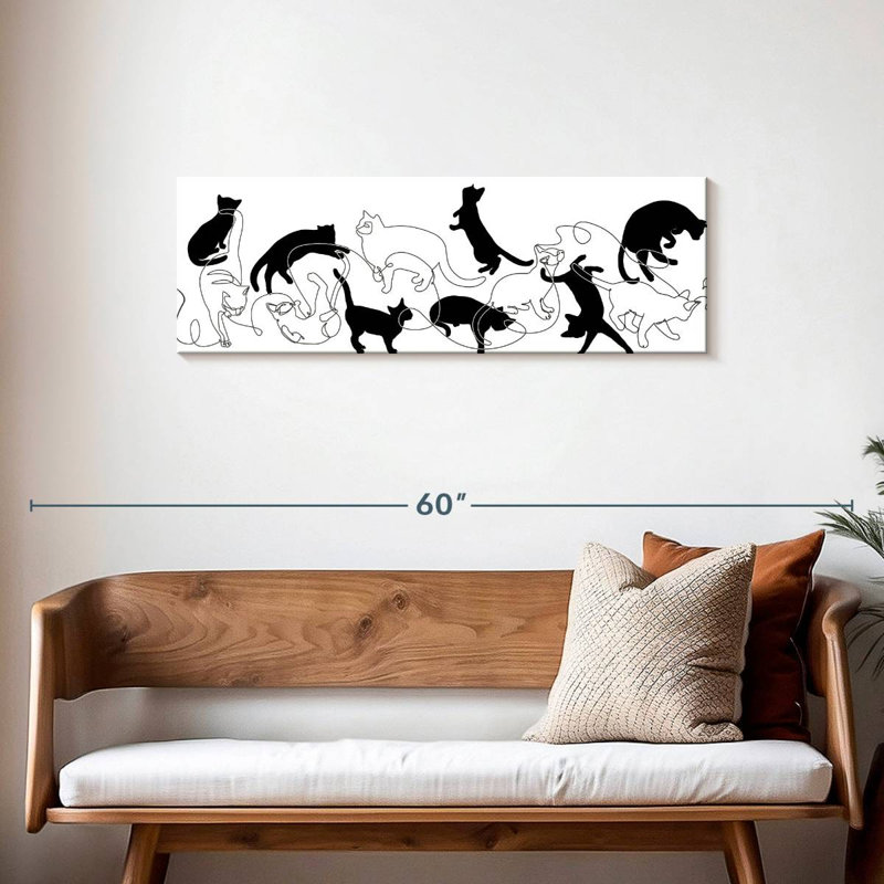Chats noirs et blancs sur toile, H 14 po x l 42 po x P 1,25 po