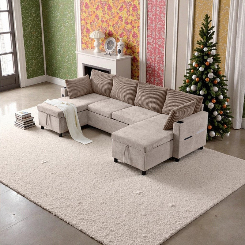 Canapé-lit modulaire 113,4 avec ports USB et porte-gobelets Oreillers amovibles Structure en contreplaqué Chenille Velours côtelé