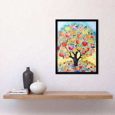 Apple Tree Fruit Harvest Day Folk Art Bright Watercolour Painting Art Print Framed Poster Wall Decor 12x16 inch