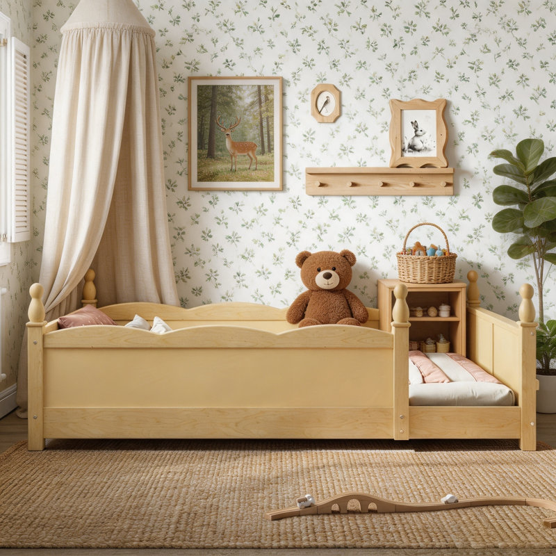 Lit grand Queen Montessori avec garde-corps pleine longueur et bibliothèque latérale, lit bas pour enfant avec rangement - Naturel