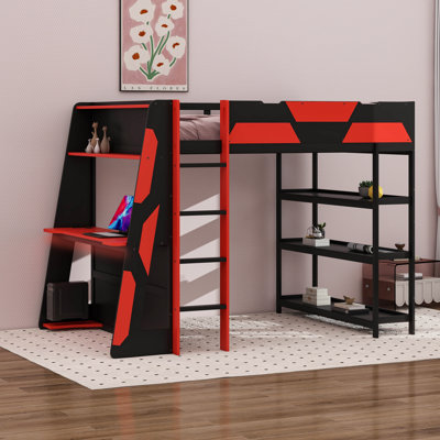Lit mezzanine pleine grandeur avec bureau, structure de lit mezzanine en bois massif avec lumières DEL, ports et tablettes USB, lit de jeu avec bureau