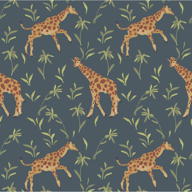 Gentle Giraffe Wallpaper, Non-Pasted, Denim Garden, Faux Grasscloth