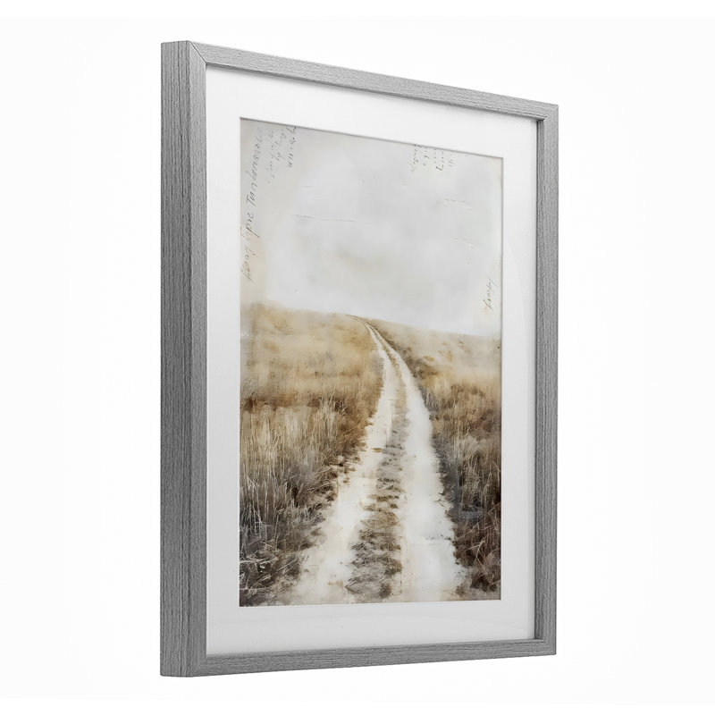 «Soft Prairie Dirt Road», reproduction sous verre encadrée, design par Riley B, H 16 po x l 13 po, Cadre de ferme gris