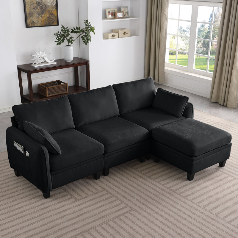 Canapé d'angle modulaire en chenille noire de 216 cm avec rangement, agencement à faire soi-même pour le salon, style contemporain, dossier divisé, accoudoirs carrés, structure en eucalyptus
