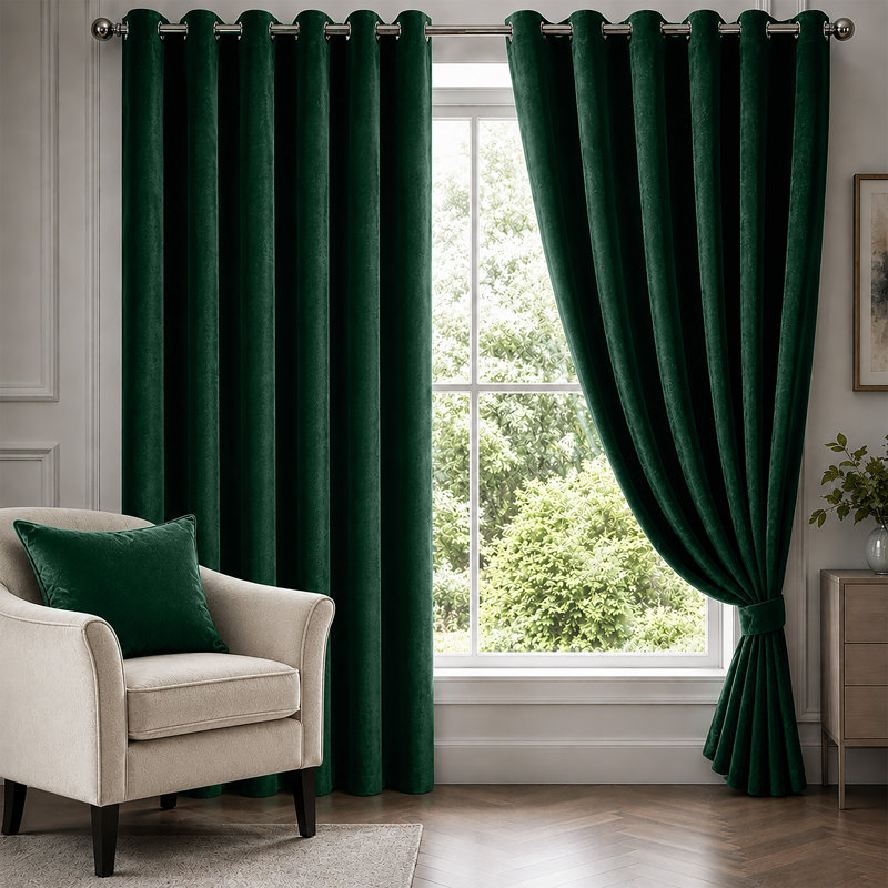 Emerald Velvet Eyelet Curtains Room Darkening Window Panels Soft Touch Pair, 168 cm X 137 cm