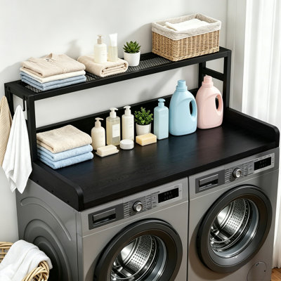 2-tier Washer Dryer Countertop, 27.55"d X 54"w Laundry Topper With Edge And Non-slip Pad For Washer And Dryer, Solid Wood