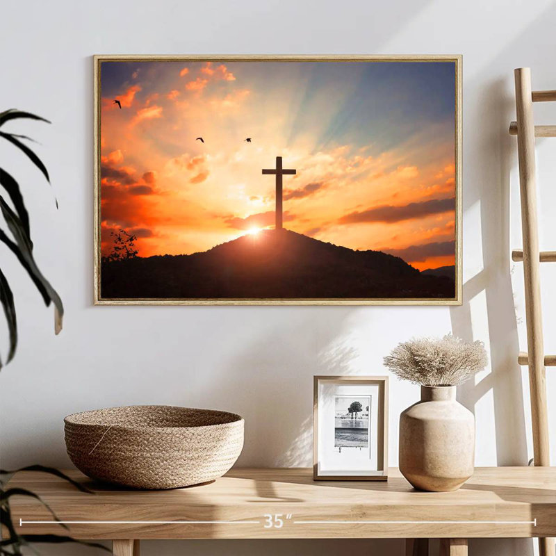 Coucher de soleil en croix, Cadre flottant en bois naturel, 25 po x 17 po