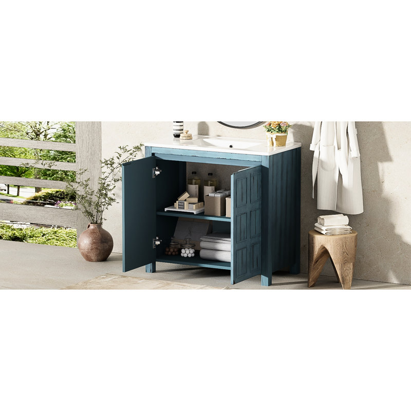 Armoire de salle de bain Retro Blue 36 po, lavabo en céramique, bois massif et matériau, aspect vieilli, charnières à fermeture en douceur, organisateur de meuble-lavabo intérieur spacieux en bleu, construction, poignées cachées, caractéristique,
