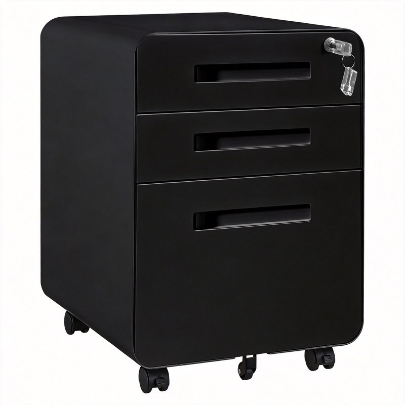 Metal Filing Cabinet with Lock, 3 Drawer Filing Cabinet with Wheels, Mobile Filing Cabinets, Black