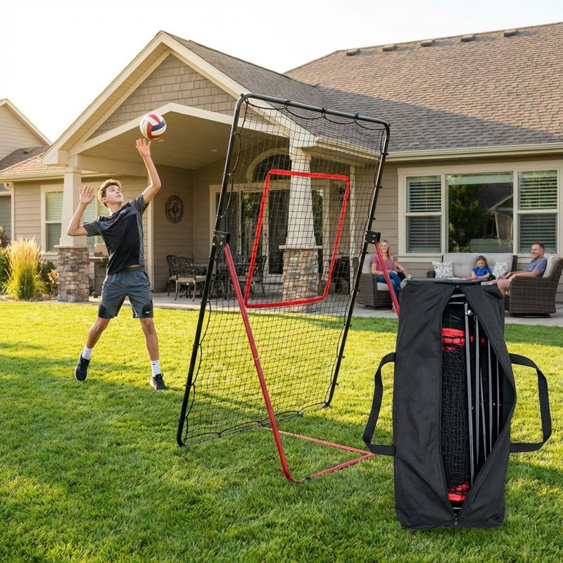 Filet d'entraînement Volleyball Rebondeur 7 x 4 pi, 5 angles réglables pliable avec piquets, rouge, Rouge