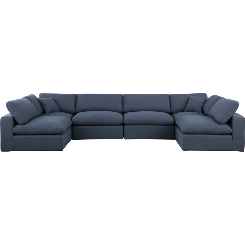Canapé modulaire 6 pièces rembourré, Tissu texturé en lin bleu marine