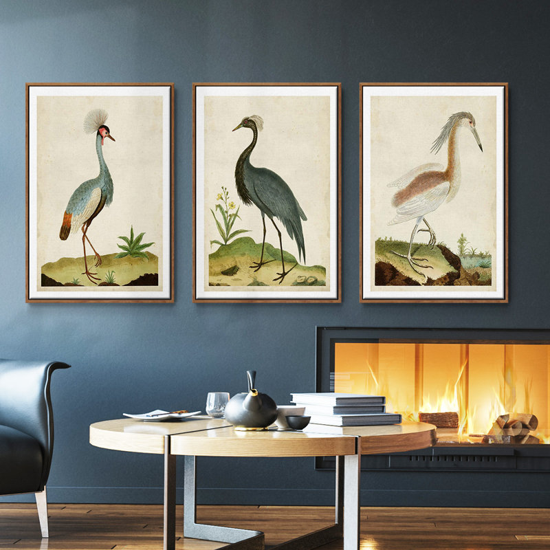 Heron Portrait I, ensemble de 3 toiles encadrées, Cadre noyer, H 40 po x l 78 po