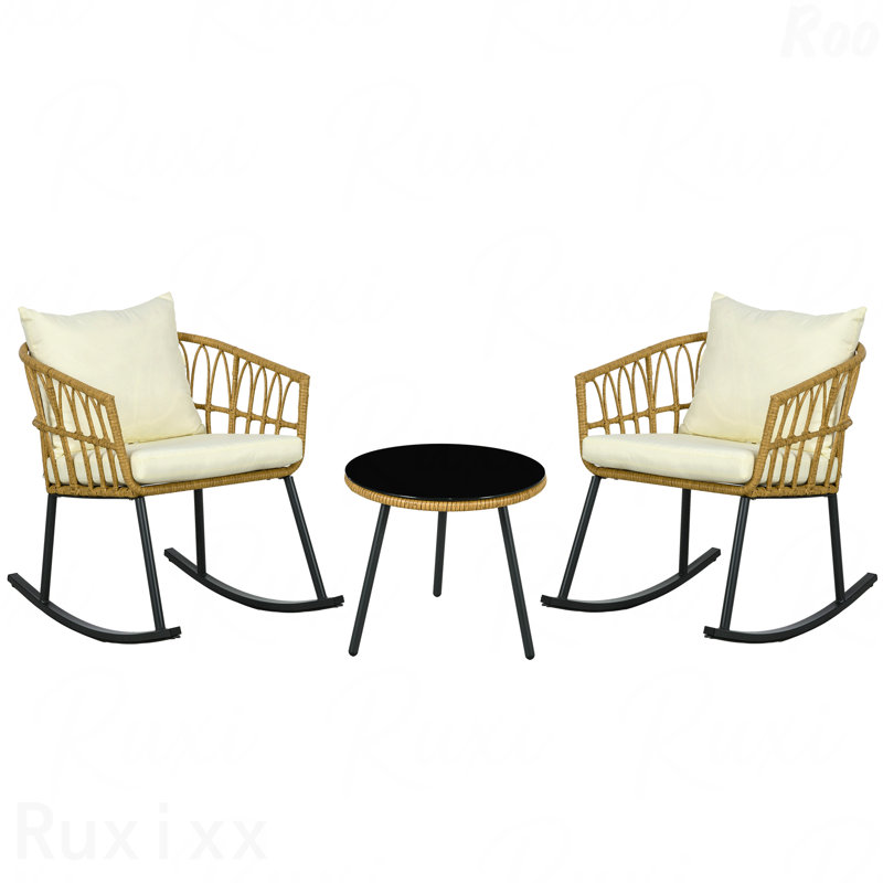 3-Piece Conversation Set Wicker White Bistro Set With Cushions Outdoor PE Rattan Patio Rocking Chair With 2 Porch Rocker Chairs Glass Top Coffee Table Patio