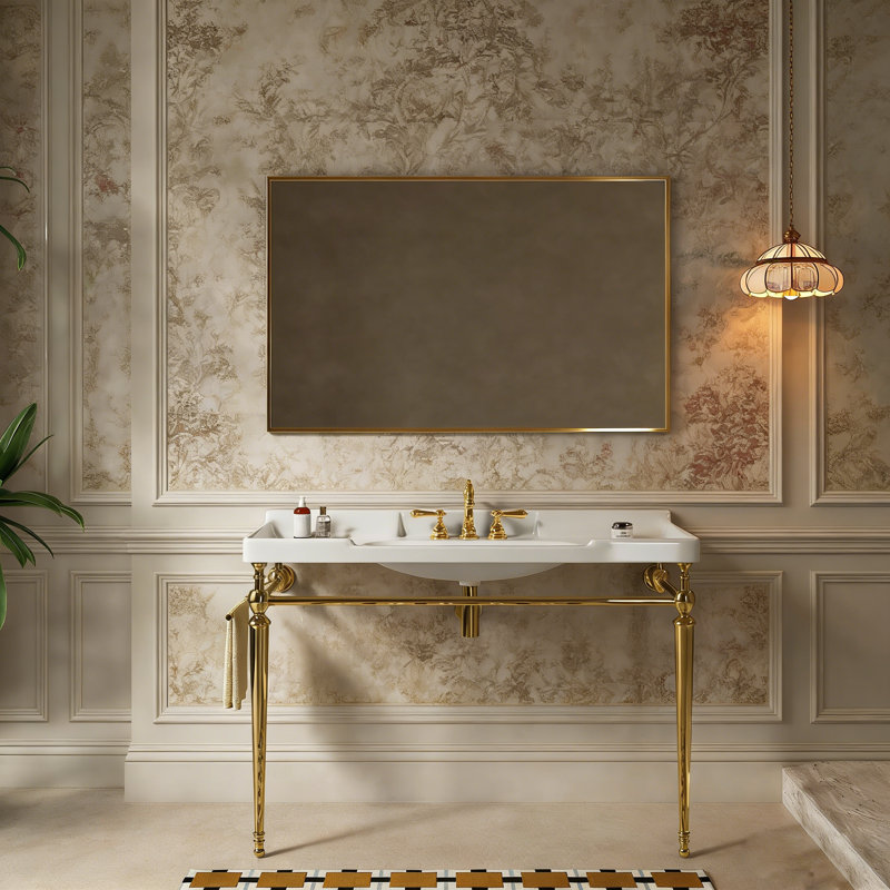 Meuble-lavabo console en céramique de 122 cm avec support en métal et porte-serviettes, Doré, 48", Blanc