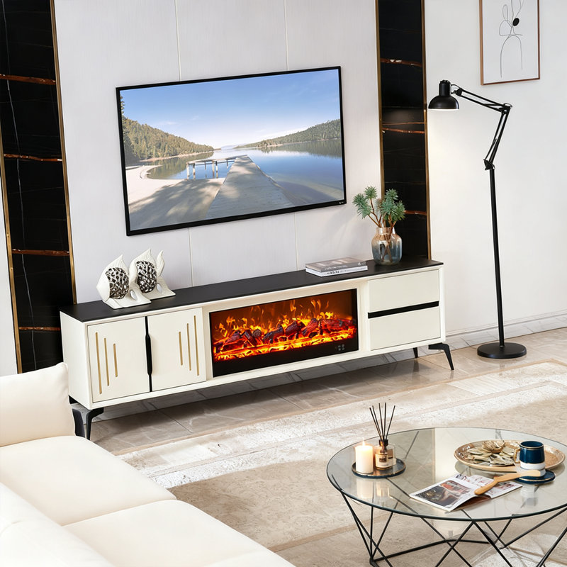 Meuble télé 78,74 po de luxe moderne avec contraste en noir et blanc avec comptoir en pierre frittée, multi-espaces de rangement et foyer à flamme