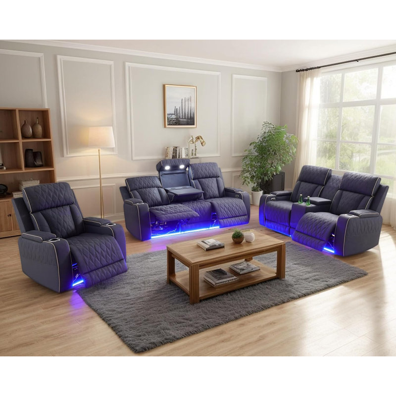Ensemble de salon inclinable électrique en cuir 3 pièces avec recharge sans fil, ports USB, table pliante, console de rangement et éclairage DEL