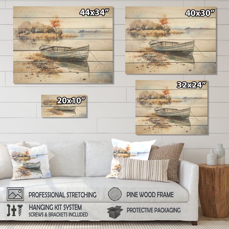 «Blue and Orange Autumn Tranquility», bateau de pêche sur bois, H 10 po x l 20 po