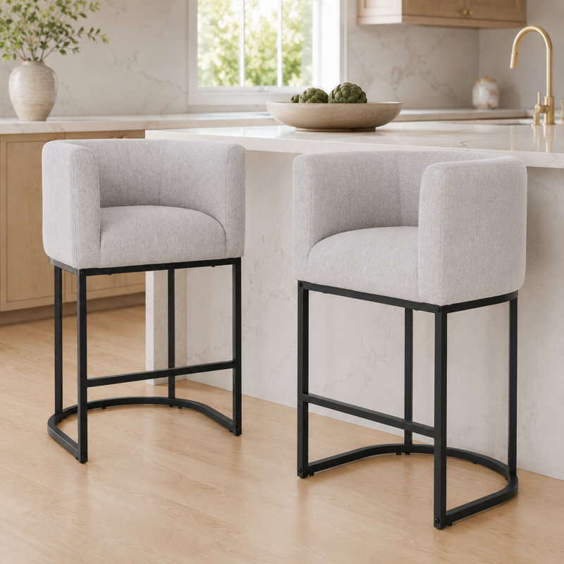 27" H Counter Height Barrel Bar Stools, Black, Lightgray/Black Frame