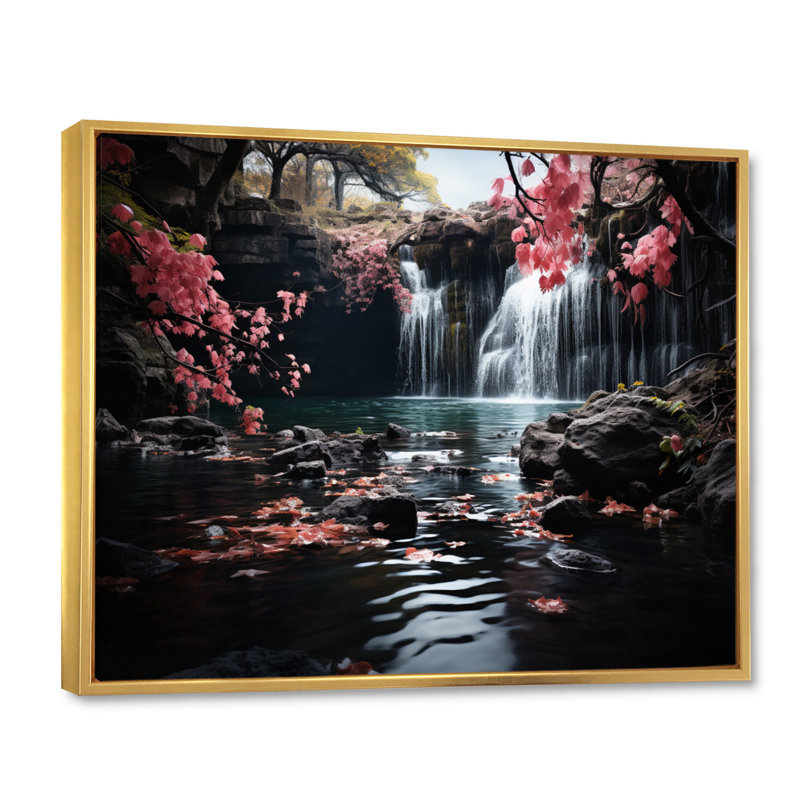 «Peach Tree Waterfall Natures Elegance II», reproduction sur toile, Cadre flottant doré, H 24 po x l 32 po x P 1 po