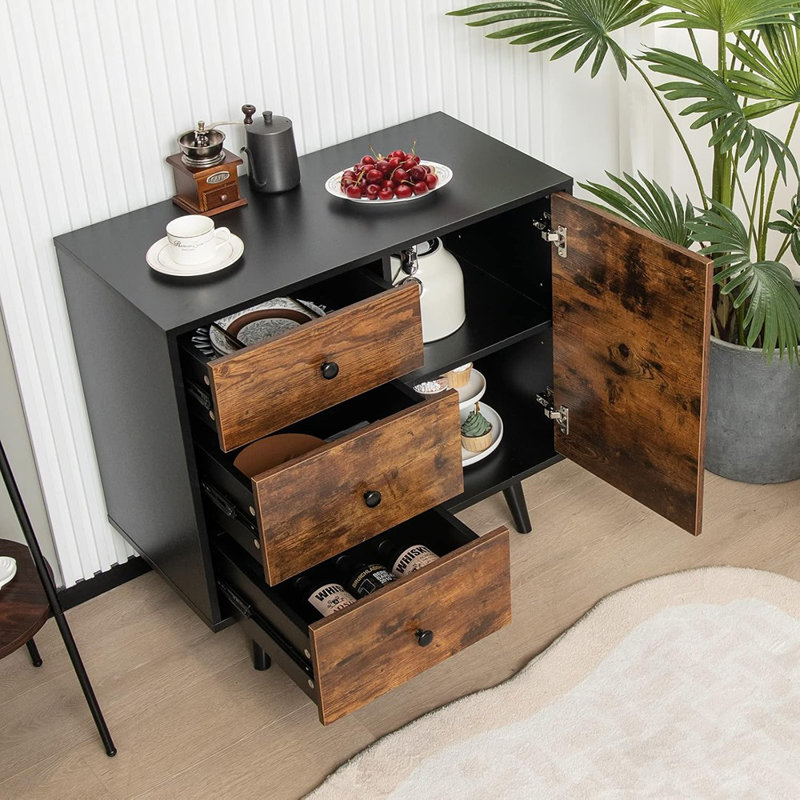 Buffet à 3 tiroirs en bois, tablette réglable, brun rustique et noir