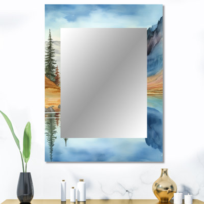 Calming Mountain Riverside I - miroir unique de montagnes, grand miroir mural traditionnel, impression d'art en métal