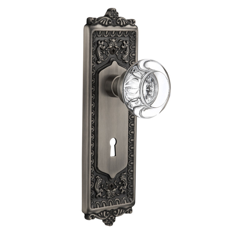 Egg & Dart Plate with Decorative Keyhole and Round Clear Crystal Door Knob, Antique Pewter