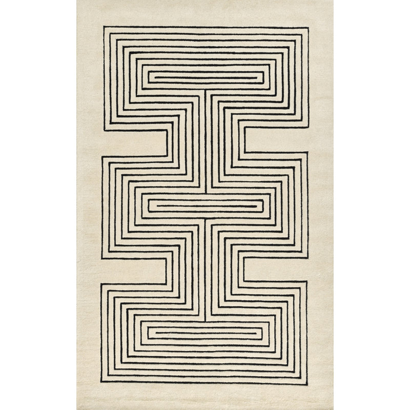 Tapis cuivre en laine touffeté à la main à motif géométrique Orlie, Rectangle 2 pi x 3 pi, Beige noir