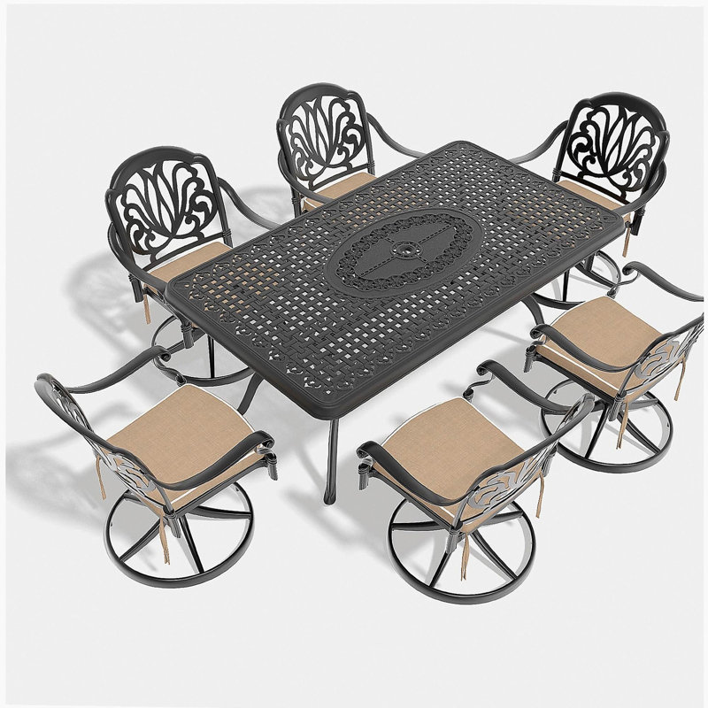 7-Piece All-Weather Cast Aluminum Dining Set, Include 6 Swivel Chairs and Rectangular Table With Black Frame (same sku:W1710S00465)