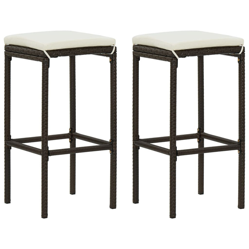 White Steel Bar Stool with Brown Poly Rattan Cushions, Set of 2