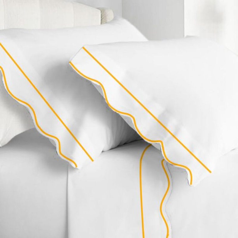 400TC Cotton Scallop Embroidery & Border Cotton 4 Piece Sheet Set Fitted Sheet Fits Upto 16" Deep Pocket, Gold Border