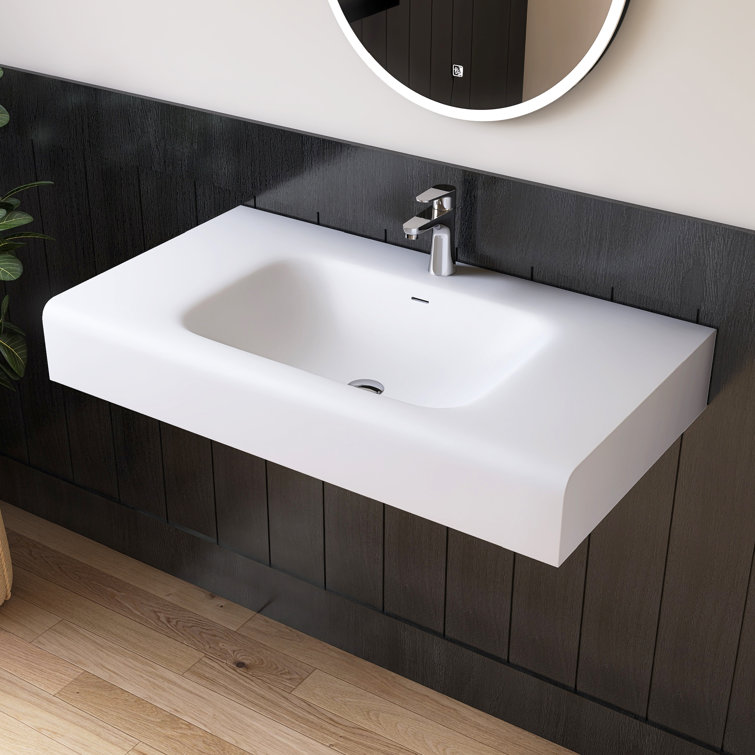 39'' Wall Mounted Bathroom Sink Solid Surface Rectangular Bathroom Sink In White