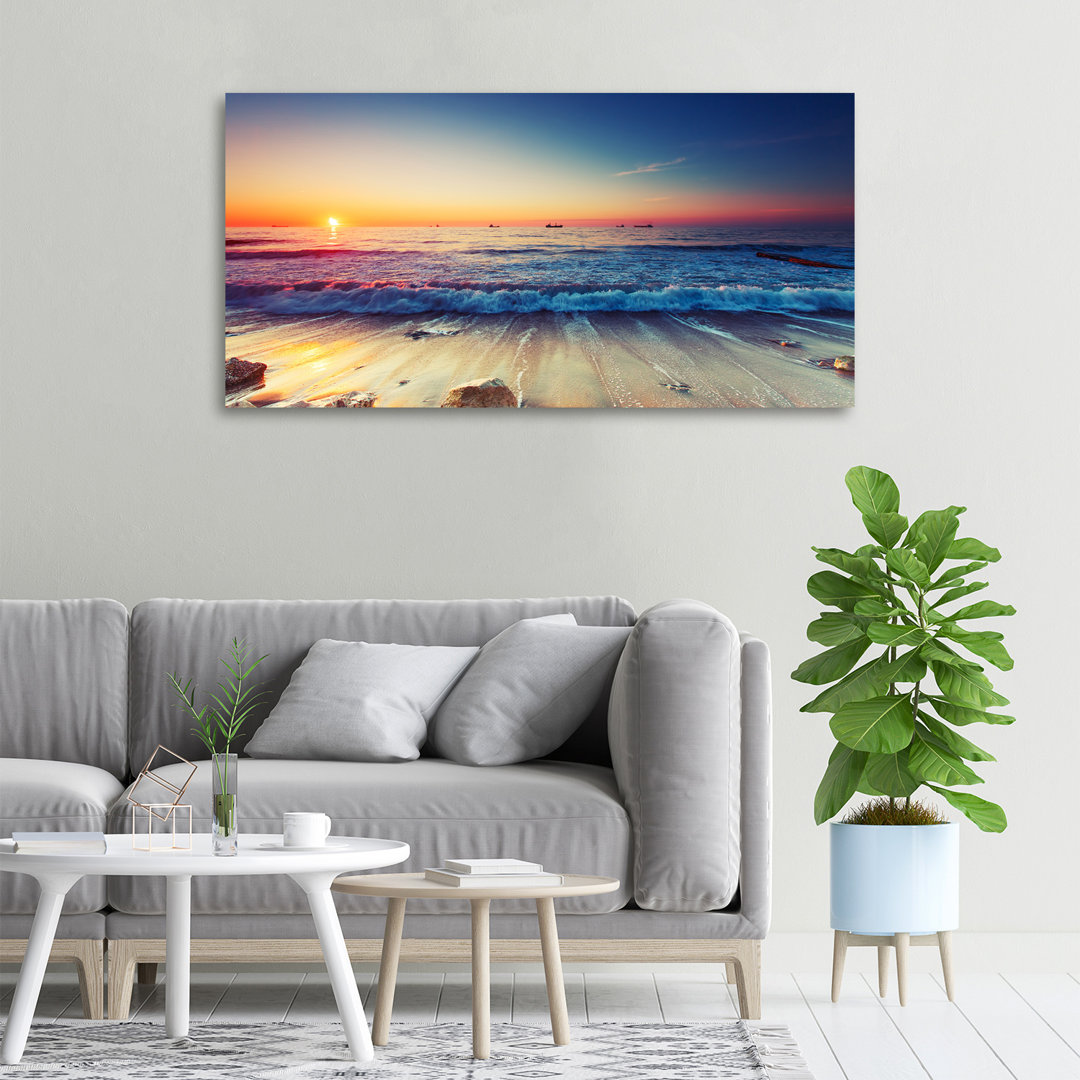 Leinwanddruck - Wandkunst - Drucke auf Leinwand - 100X50 Bildmotiv: Sonnenaufgang am Meer