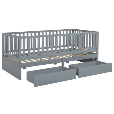 Wood Daybed With Fence Guardrails And 2 Drawers, Split Into Independent Floor Bed & Daybed