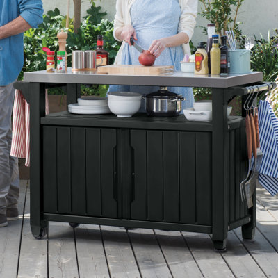 Arrilla Bar Cart Portable Outdoor Table Made of Durable Wood-look Resin And Stainless Steel Countertop Ideal For Kitchen Prep and Grilling by Winston Porter
