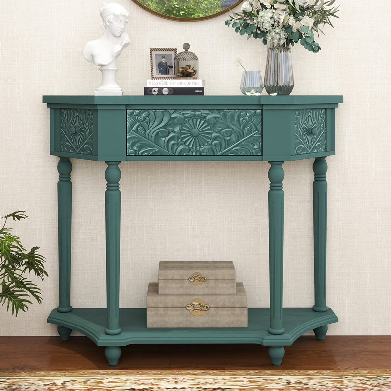 Mid-century Console Table with 1 Drawer & Carved Minimal Assembly Needed for Entrance Living Room, Green