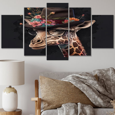 Portrait Of Giraffe With Glasses And A Hat II - Animals Giraffe Wall Art Print - 5 Panels