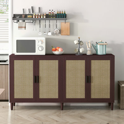 Buffet 70 po en rotin avec rangement, buffet 4 portes avec tablettes réglables pour la cuisine, le salon et la salle à manger, assemblage facile
