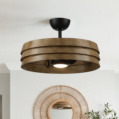 22" Brown Wood-Grain Iron Caged Ceiling Fan with LED Lights and Remote Control