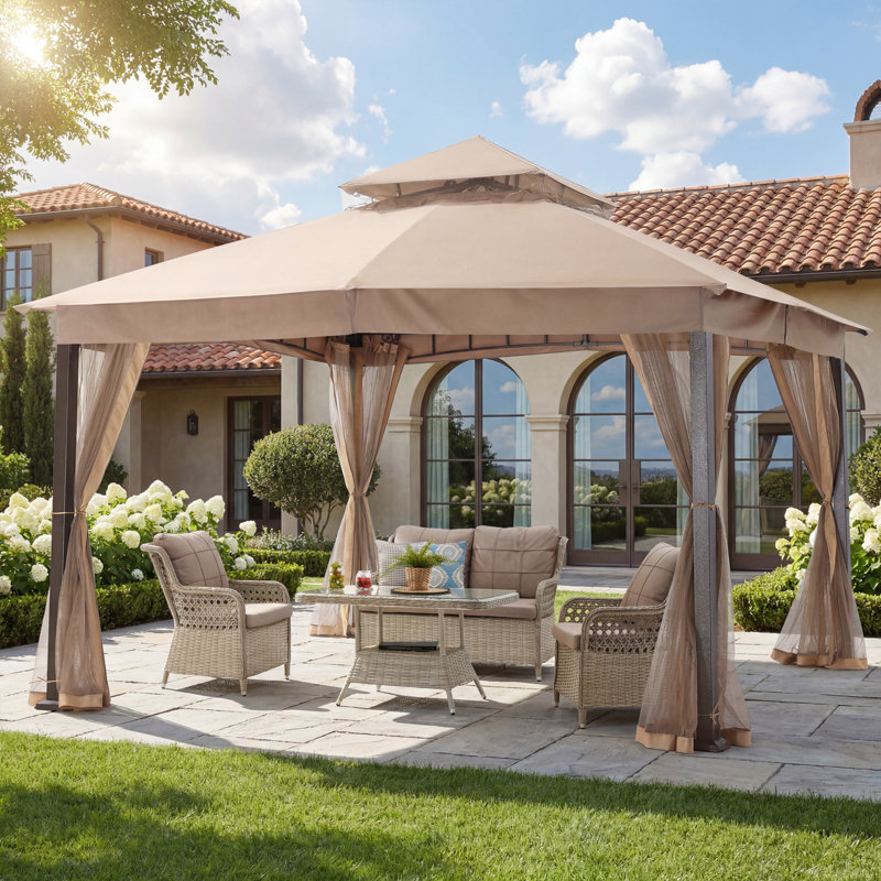 Abccanopy 11x13 Ft Steel Patio Gazebo With Curtains And Olefin® Soft Roof (5-year Fade Guarantee), Khaki