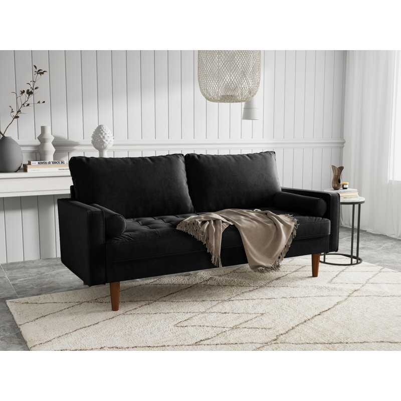 Collington 70" Square Arm Tufted Seat Sofa, Black Polyester