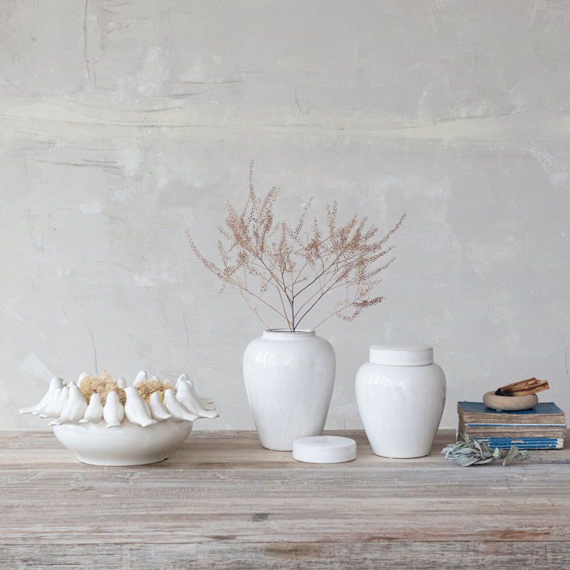 Large Decorative Debossed Stoneware Ginger Jar With Pattern, Lid And Reactive Glaze
