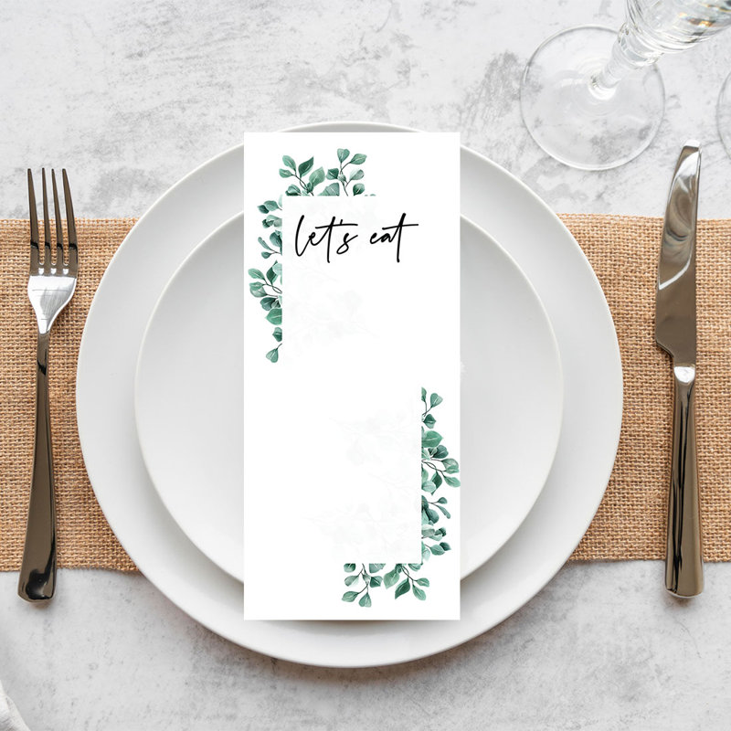 Cartes de menu en papier de mariage imprimables Eucalyptus Silver Dollar pour imprimante de bricolage, paquet de 52