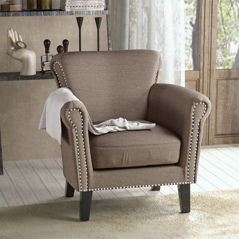 Club Chair – Nailhead Trim & Rolled Armrests, Light Coffee