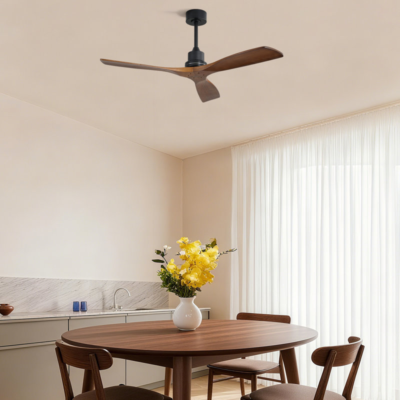 Sofucor Kemp 52" 3-Solid Wood Blade Classic Ceiling Fan with Remote Control and no Lights, Black with Brown Blades