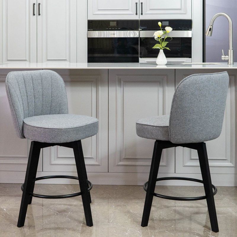 MINCETA 360° Swivel Bar Stools Set of 2, 26 Inch Counter Height Bar Stool with Shell Backrest, Fabric Upholstered Bar Chair with with Footrest, for Kitchen Island, Home Bar, Performance Fabric, Gray