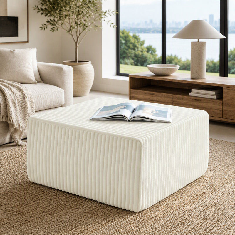 Repose-pieds carré carré en velours côtelé à rayures, tabouret polyvalent rembourré pour le salon, Beige